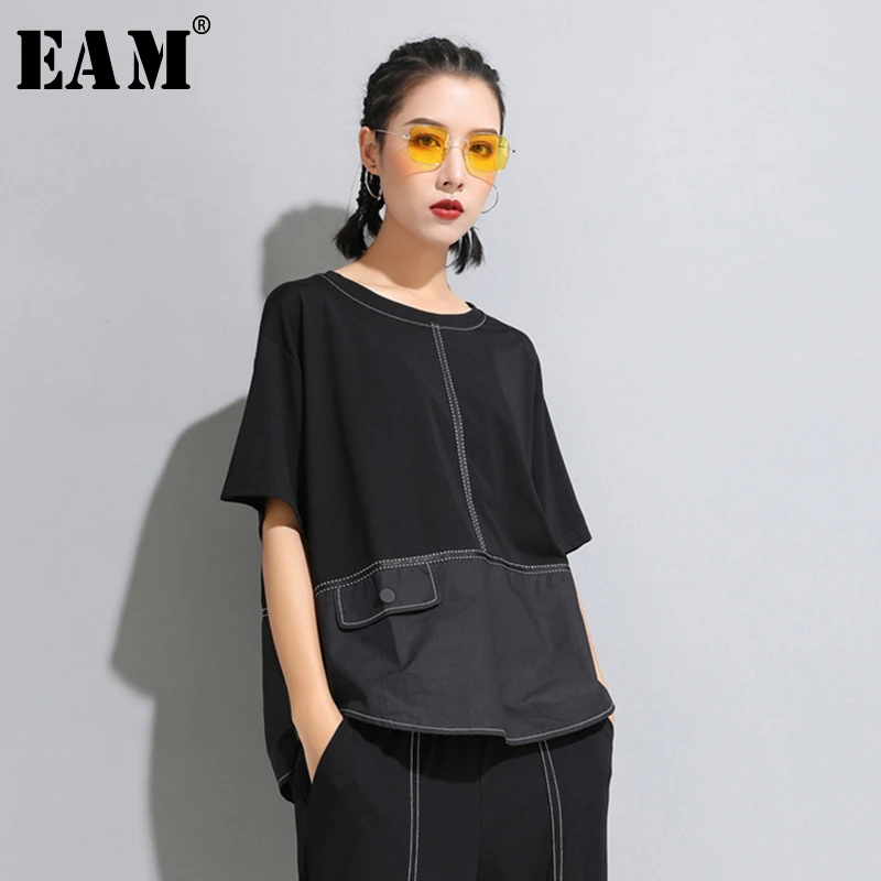 

[EAM] 2019 New Spring Summer Round Neck Half Sleeve Black Button Split Joint Loose Big Size T-shirt Women Fashion Tide JW599