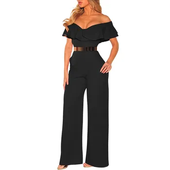 

2019 Women Off Shoulder Jumpsuit Casual Ruffles Solid Overalls Sexy Backless Wide Leg Playsuit