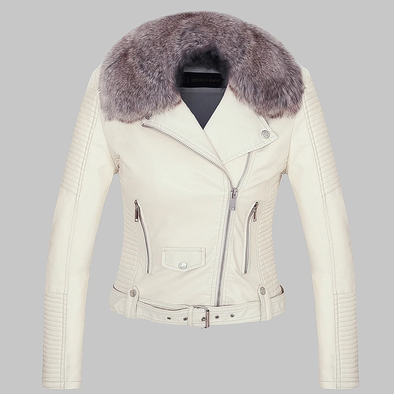 Хит, женские зимние теплые куртки из искусственной кожи с меховым воротником, женские белые, черные, розовые мотоциклетные и байкерские пальто
