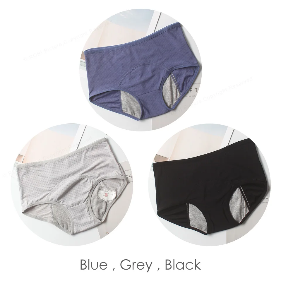 3 шт., женские трусики для менструального периода большого размера плюс, герметичные трусы, женское нижнее белье с высокой талией, Дамское белье 4xl 5xl - Цвет: Blue Grey Black