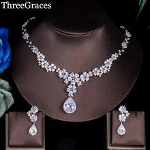 ThreeGraces роскошный свадебный большой цветок висячие серьги и ожерелье AAA+ кубический цирконий Ювелирный Набор для невест JS033