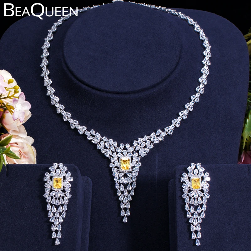 BeaQueen блестящий желтый кристалл ювелирный набор для женщин полный CZ камень