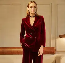 Great quality 2017 Gold velvet suits Women’s fashion slim double-breasted wine red velvet suit jacket female blazer clothing