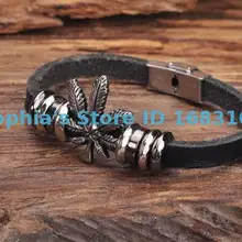 G150 черный кожаный милый лист браслет наручная повязка наручник из нержавеющей стали застежка Мужская