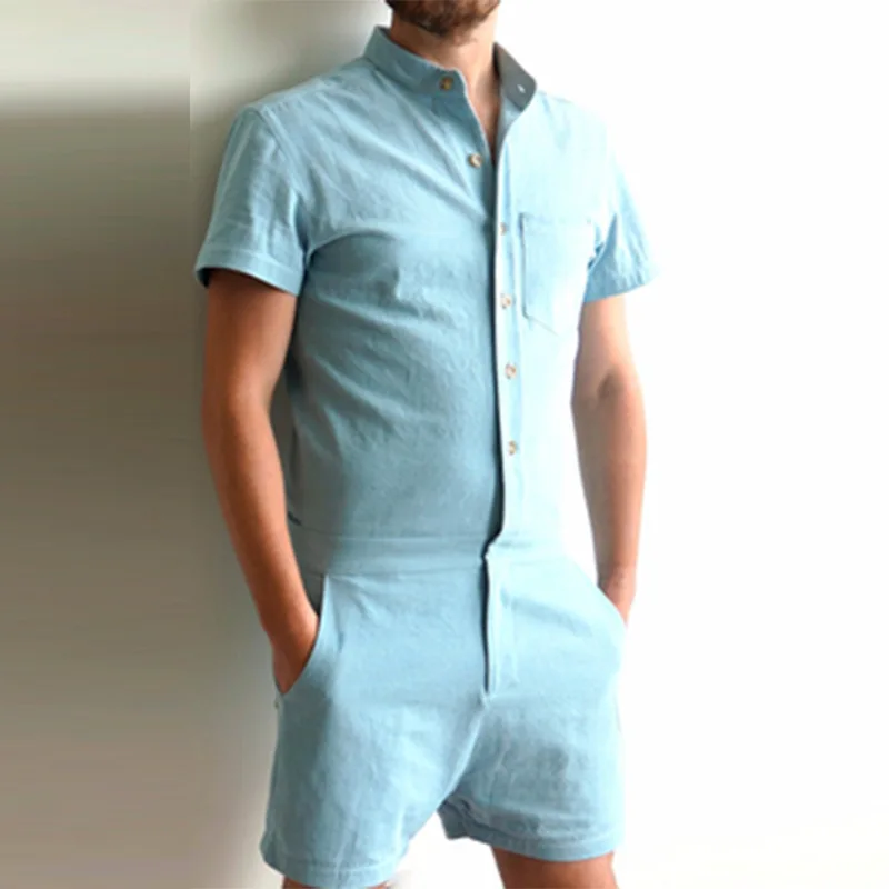 FDWERYNH летний мужской комбинезон с короткими рукавами, эластичный Облегающий комбинезон, крутой короткий однобортный пляжный комбинезон в гавайском стиле - Цвет: skyblue