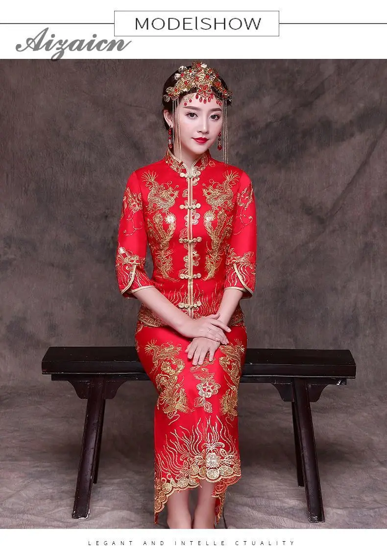 2019 chino tradicional boda Vestido Rojo bordado novia восточные платья Тонкий Cheongsam vestido Chinoise Femme Qi Pao