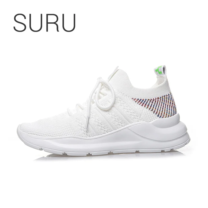 

SURU Lightweight PU Sole Speed Sock Sneakers Women Wihte Lace-up Casual Shoes
