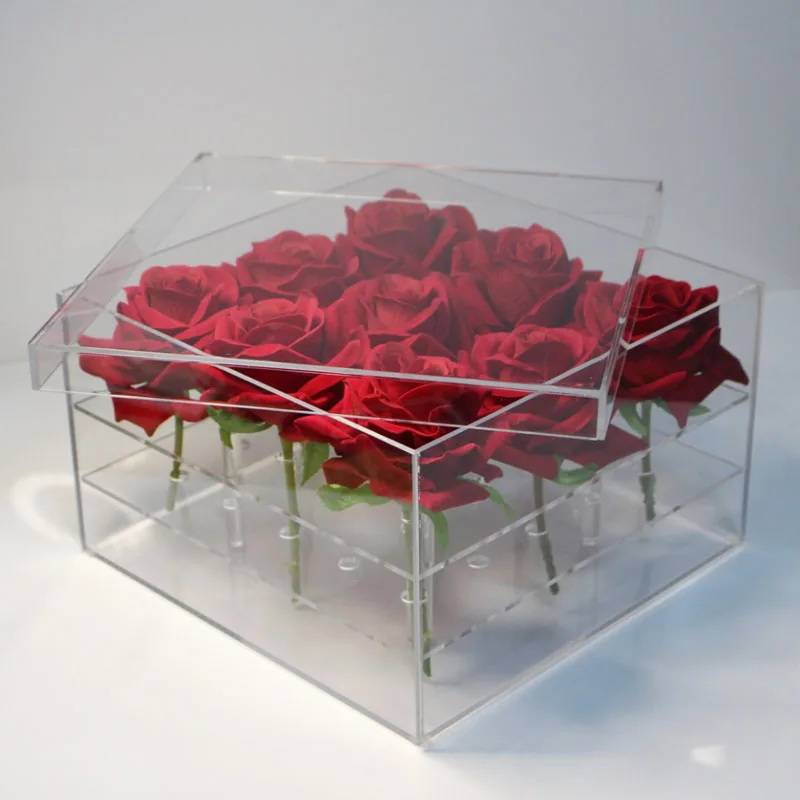 New Style Acrylic Rose Flower Box Makeup Organizer Cosmetic Tools Holder Flower Gift Box For Girlfriend Wife With Cover