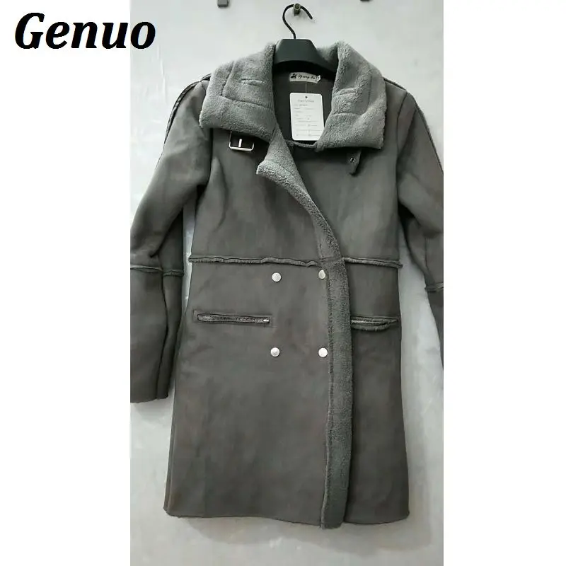 Genuo Women's Winter Coat Thick Warm Cashmere Woolen Coat Female Turn-down Collar Long Winter Jacket Women Wool Jackets Outfits - Color: Gray