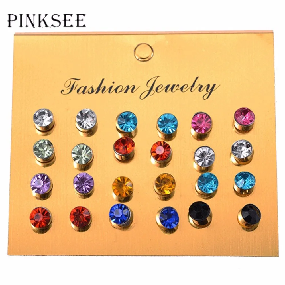 PINKSEE 12 Pairs Simple Zircon Rhinestone Ear Studs Earrings Bulk Mixed