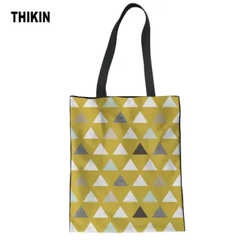 

THIKIN Simple Geometric Triangles Pattern Print Shopping Bag Reusable Women Casual Canvas Tote Bags Large Recycle Shopper Bags