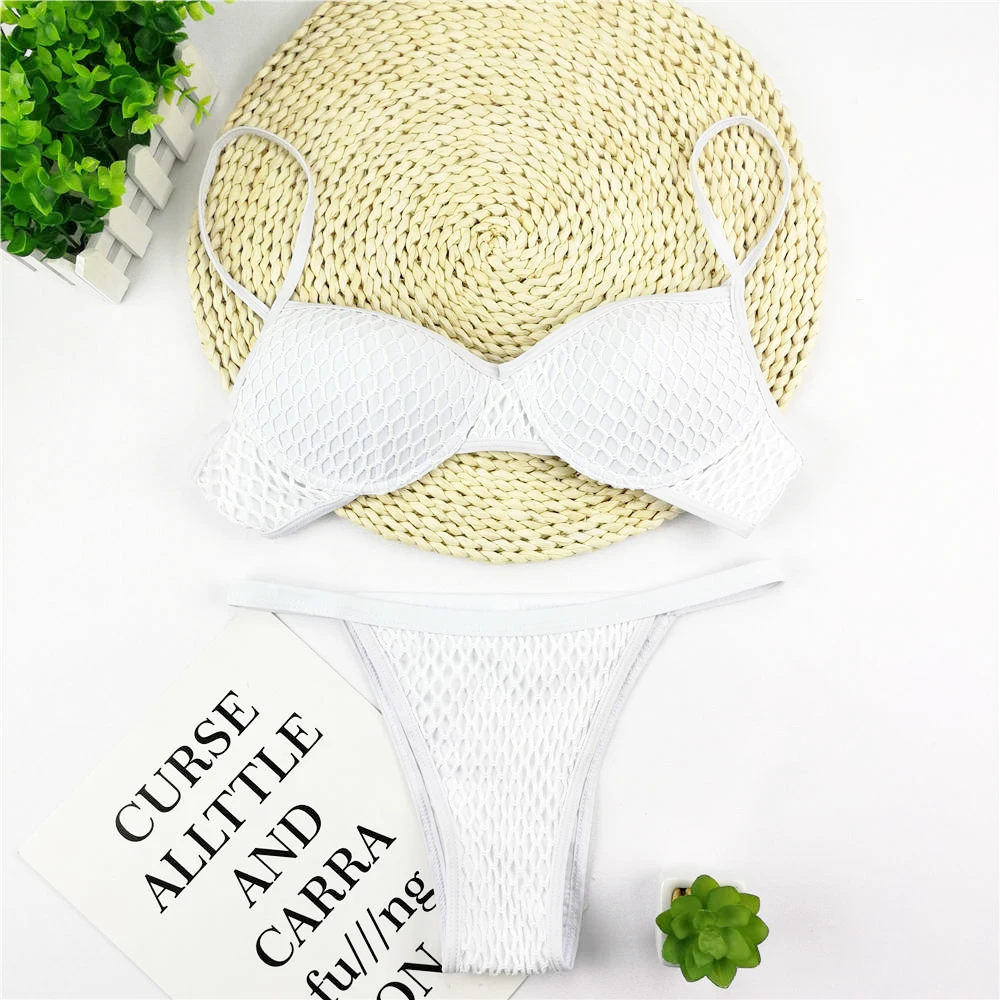 Sexy Mesh Bikini Set Women Solid Swimwear White Swimsuit Brazilian
