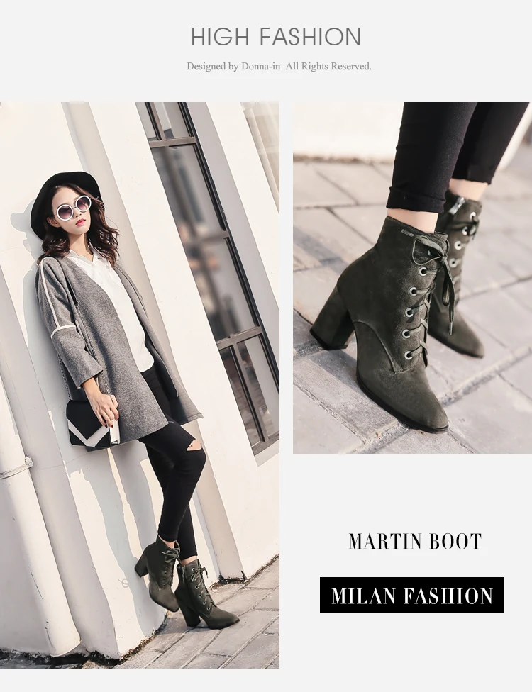 Donna-в новом Мода г. осень-зима замшевые кожаные ботинки Высокие каблуки обувь на молнии квадратный носок Брендовая женская обувь