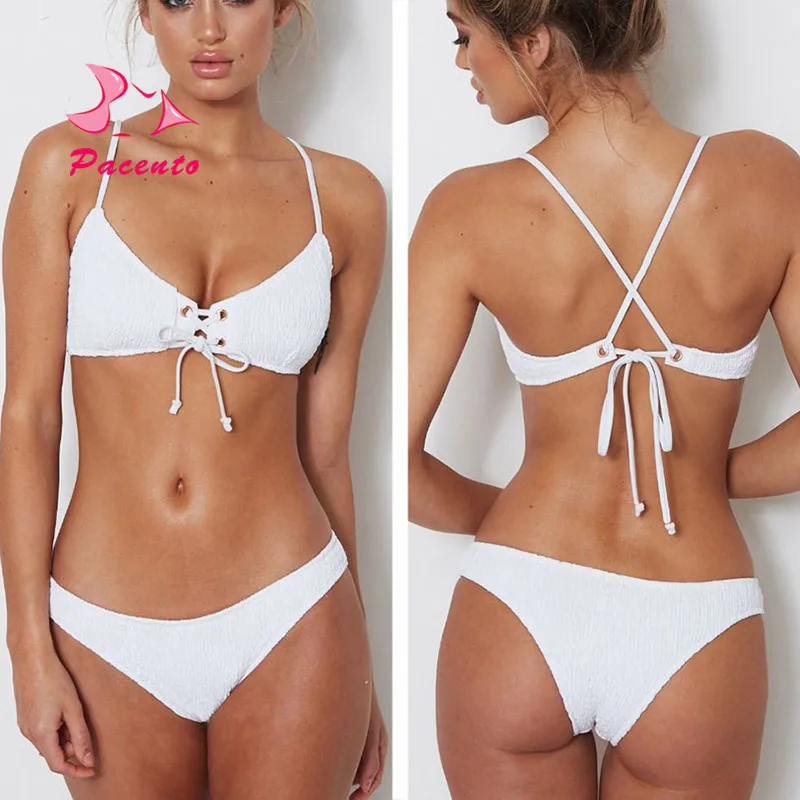 Pacento cross strappy crochet bikini brazilian solid white black plus size swimwear women XL bathing suit bandage biquine plavky