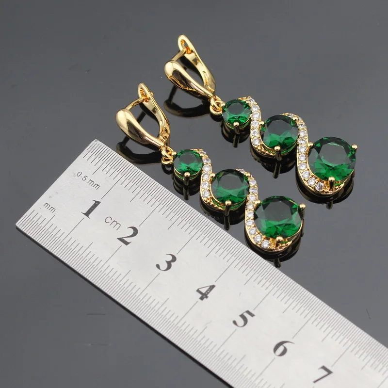 WPAITKYS, зеленые камни, золотой цвет, Ювелирные наборы для женщин, вечерние, браслет, длинные серьги, ожерелье, подвеска, кольца, подарочная коробка