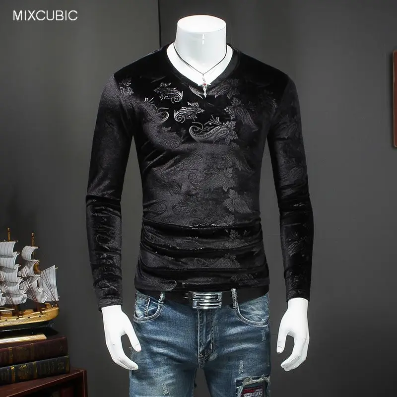 

MIXCUBIC Autumn warm Unique stripe pattern Gold velvet T-shirts men casual slim pattern gold Velvet T-shirts for men,M-4XL