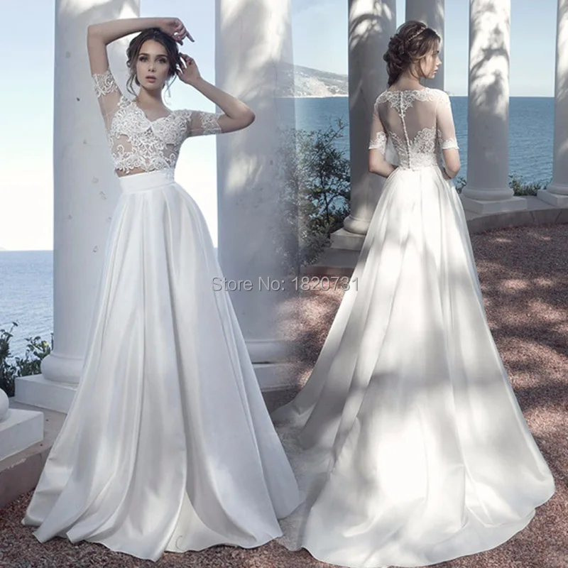 

2020 Luxury Lace Beach Wedding Dresses Custom Made V-neck Half Sleeves Two Pieces Illusion Back A-line Bride Gown