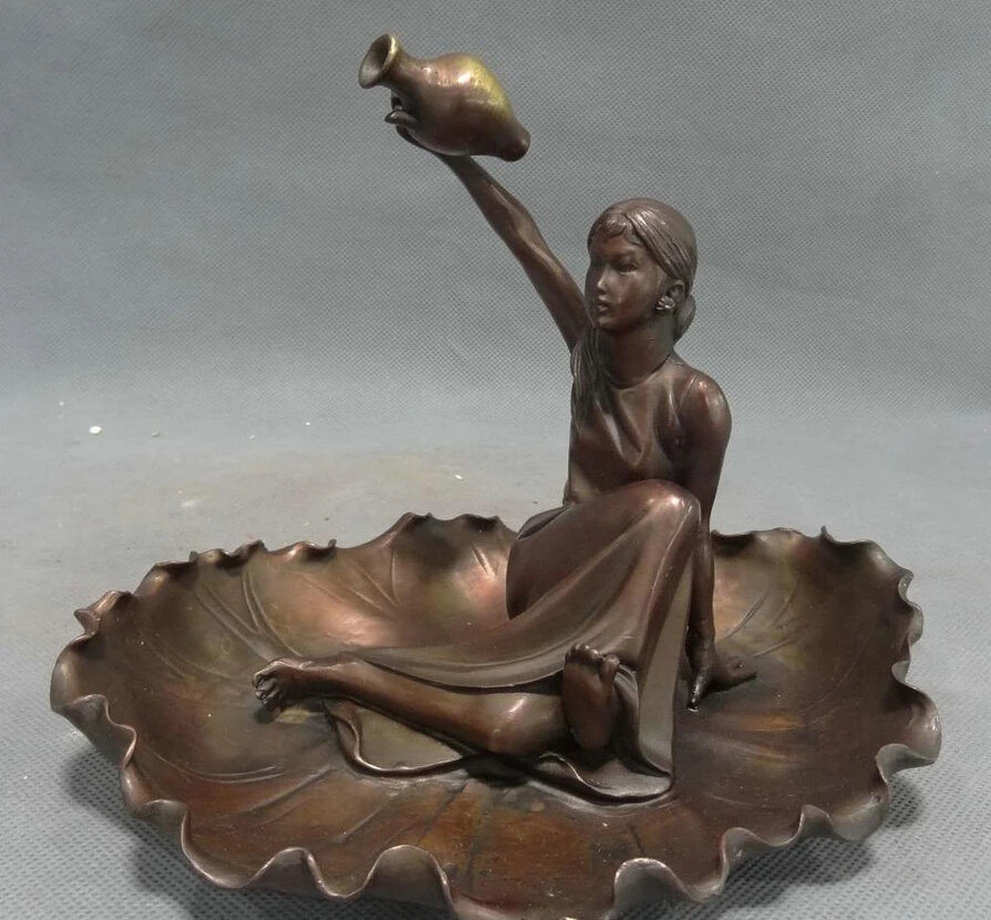 

song voge gem S2379 Chinese Pure Bronze Art Belle Up Pot Vase Statue Set Leaf Brush Washer Ashtray