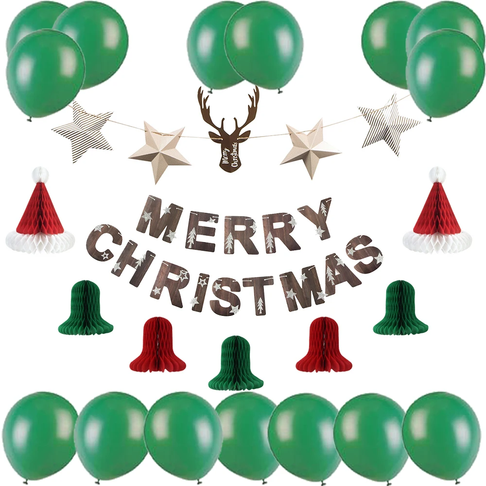 

Christmas Room Decoration Set Merry Christmas Banner Reindeer Antlers Star Garland Ballons Honeycomb Jingle Bells Mantle Decor