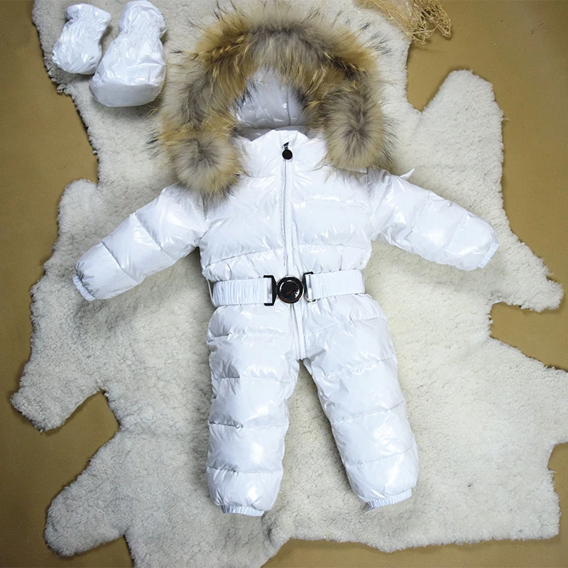 Детский зимний комбинезон, детское зимнее пальто белый пуховик на утином пуху для детей возрастом от 3 до 36 месяцев, водонепроницаемый Яркий пуховик с натуральным мехом, одежда для маленьких девочек