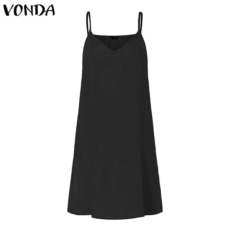 

VONDA Dress Womens Summer Dresses Sexy Female Spaghetti Strap Bottom Vest Dress Solid Color Casual Underwear Vestidos Plus Size