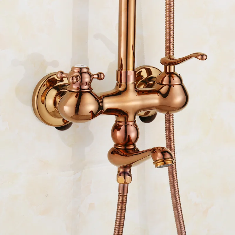Роскошный Золотой латунный душ для ванной комплект из розового золота смеситель дождь Душевая Головка+ кран для ванной+ ручной душ