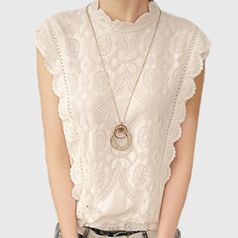 

2018 White Lace Top Sleeveless Shirt Women Summer Vintage Blusa Feminino Crochet Casual Loose Women For Blouse Tops Blouses A351