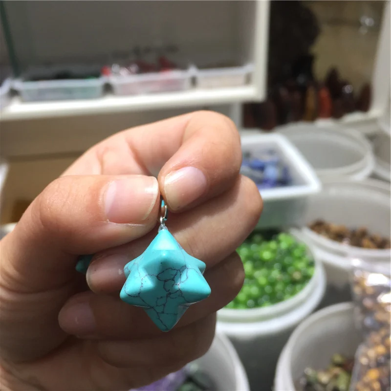 

Polished Blue Turquoise Octagonal Merkaba Star Pendant Necklace with rope necklace