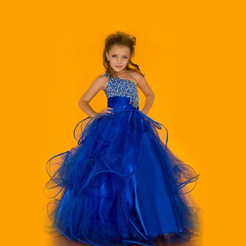 One Shoulder Blue Beauty Pageant Dresses for Girls Glitz Beading