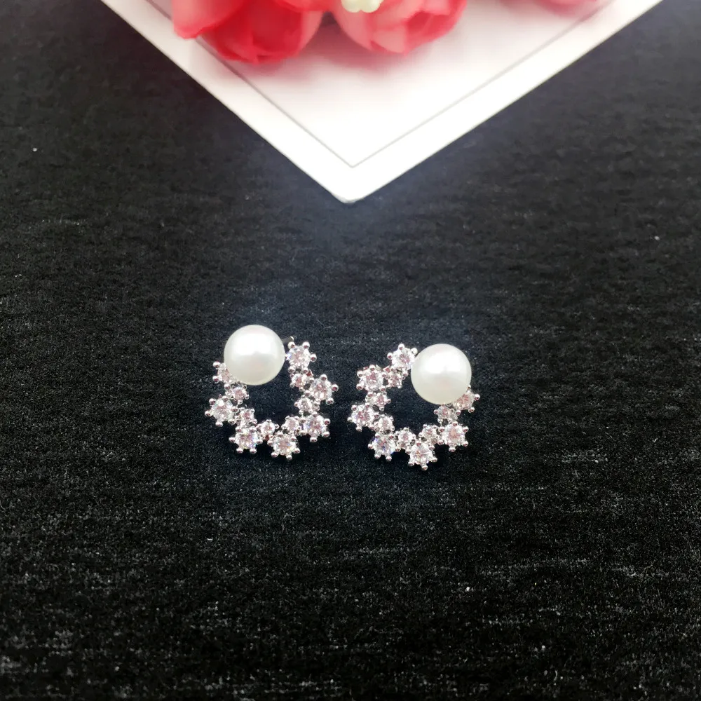 

925 Silver Needle KoreanCubic Zirconia Round Stud Earrings Girl for Women Simulated Pearl Earring Studs Fashion Jewelry
