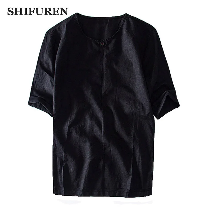 

SHIFUREN Summer Men's Short Sleeve Cotton Linen Shirts Breathable Male Collarless Dress Shirts Masculina Camisas Size M-3XL