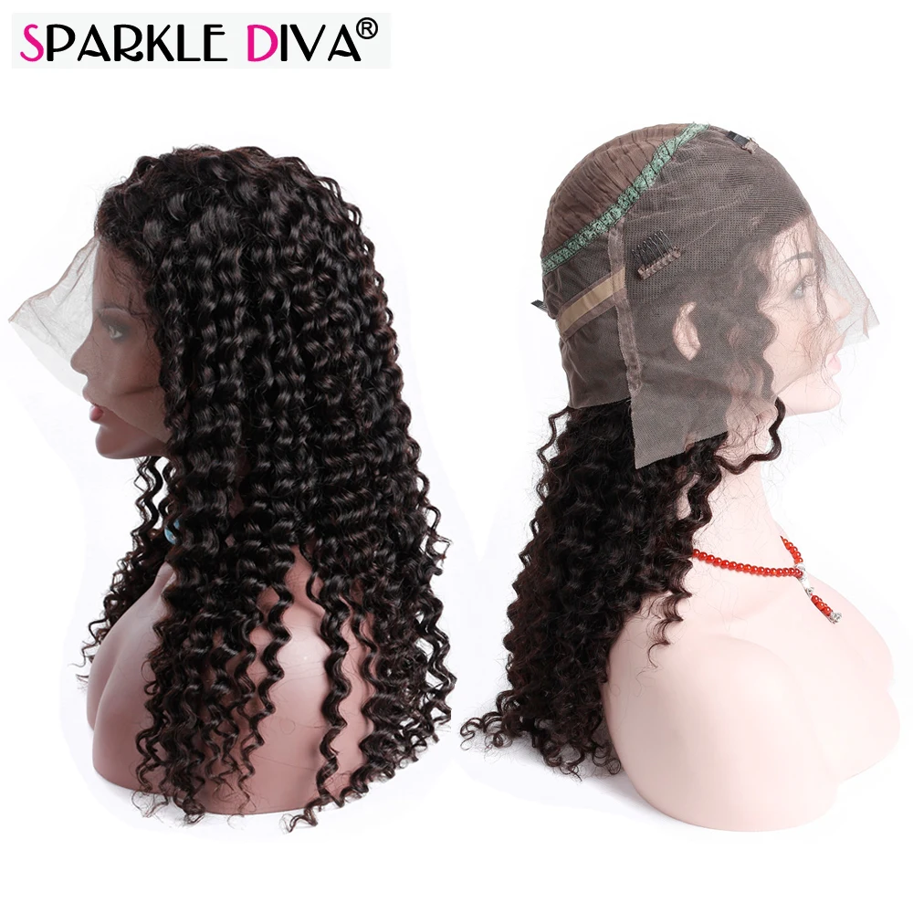 Sparkle Diva Indian Remy Human Hair 360 Lace Frontal Wigs Deep Wave 150