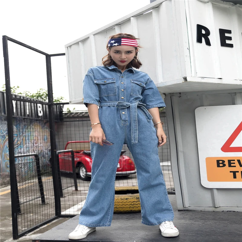 

New 2019 Spring Summer New arrival Women Casual Designer Boot cut Denim Jumpsuits with belt Female Rompers Streetwear Overalls