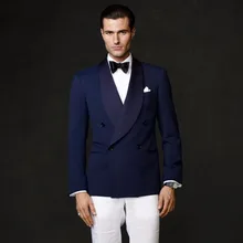 New Style Navy Blue Double Breasted Shawl Lapel Men Suit Formal Slim Fit 2 Piece Groom Tuxedos Blazer Masculino (Jacket+Pants)