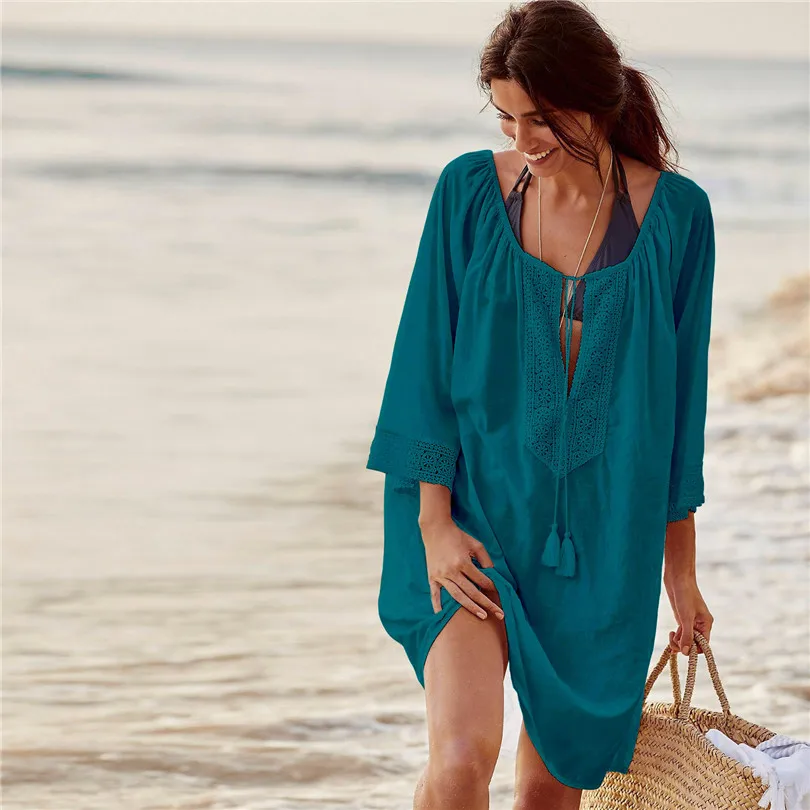 

Swim suit cover up Lace Saida de Praia Feminino 2019 Tassel Beach Cover up Cotton Pareos de Playa Mujer Beach Dress Tunic