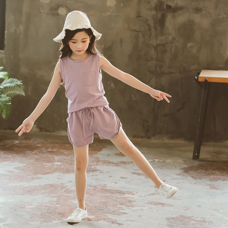 

knitted big girls shorts and tops sports suits purple baby girls clothes 2018 new summer girls shorts knit boys clothing sets