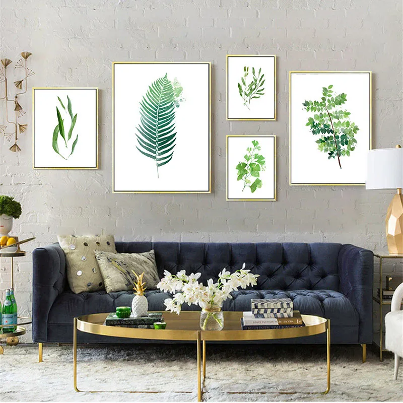 

Abstract Green Leaf Canvas Wall Art Painting Nordic Minimalist Poster Blue Fish Picture Modern Fresh Artwork for Home Decorative