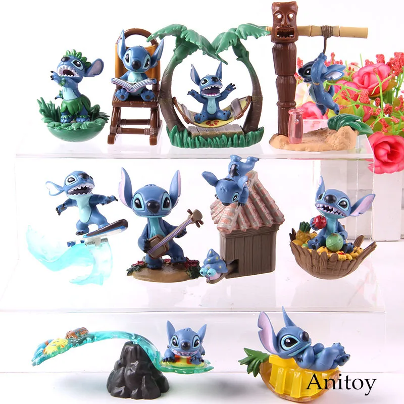 Tanie Anime Lilo i Stitch figurka hawaje plaża do czytania Surfing pcv model kolekcjonerski zabawki Stitch prezent urodzinowy 5 sztuk zestaw