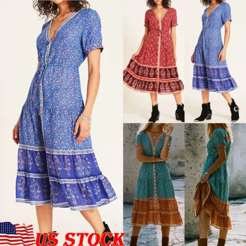 Женское длинное платье с цветочным принтом Boho вечерние платья коротким рукавом и