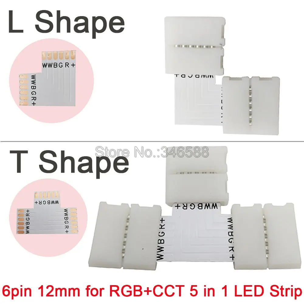 5 шт./партия, 5 шт./партия, 12 мм, 6 Pin, RGB+ CCT L форма или T Форма, без пайки, простой разъем для RGB CCT, Светодиодная лента, 6 PIN разъем