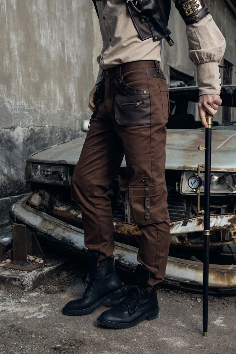 Стимпанк Ретро Мода хлопок мульти-карманы Рабочие свободные брюки военные армейские коричневые мужские брюки карго