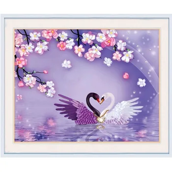 

Swan Lake silk ribbon embroidery 3D satin cross stitch kit canvas painting needlework handcraft gift DIY home wall decora