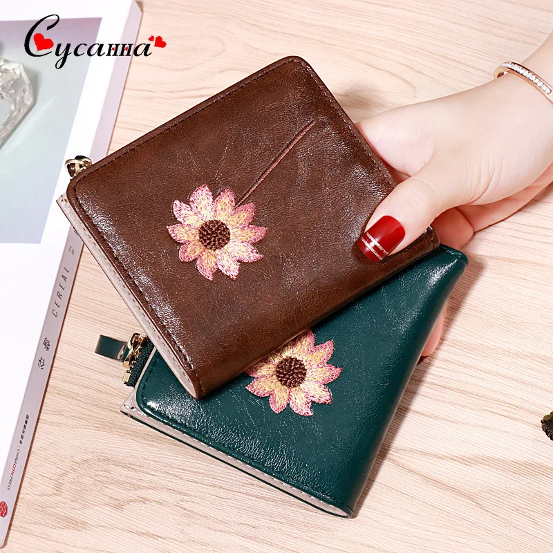 

Women Short Wallet Small Oil Wax Leather Sunflowers Embroidery Coin Purse Card Holders Lady Girl Mini Money Bag Card Holder