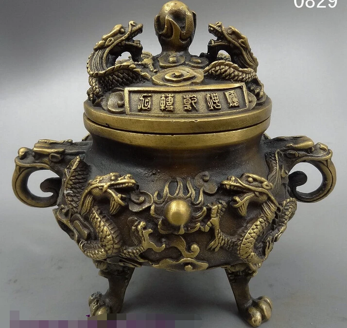 

shitou 002708 Folk China Chinese Bronze 2 Dragon Pearl Auspicious Statue Incense Burner Censer discount 30% (C0324)
