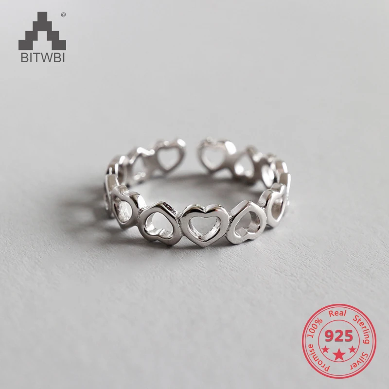 

S925 Sterling Silver Fashion Minimalist Glossy Hollow Heart Female Opening Ring Jewelry
