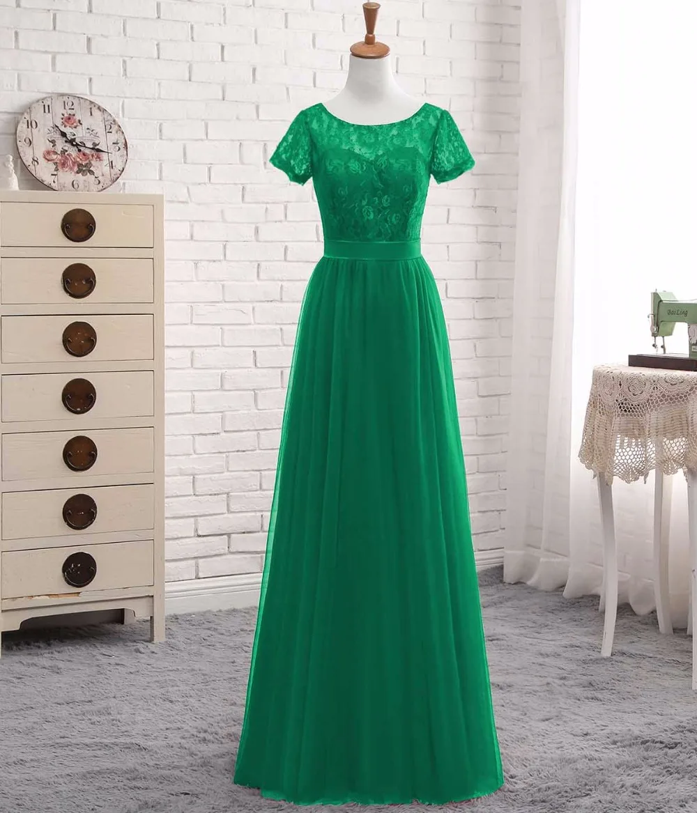 Elegant Short Sleeves A Line Teal Tulle Lace With Sash Bridesmaid Dress ...