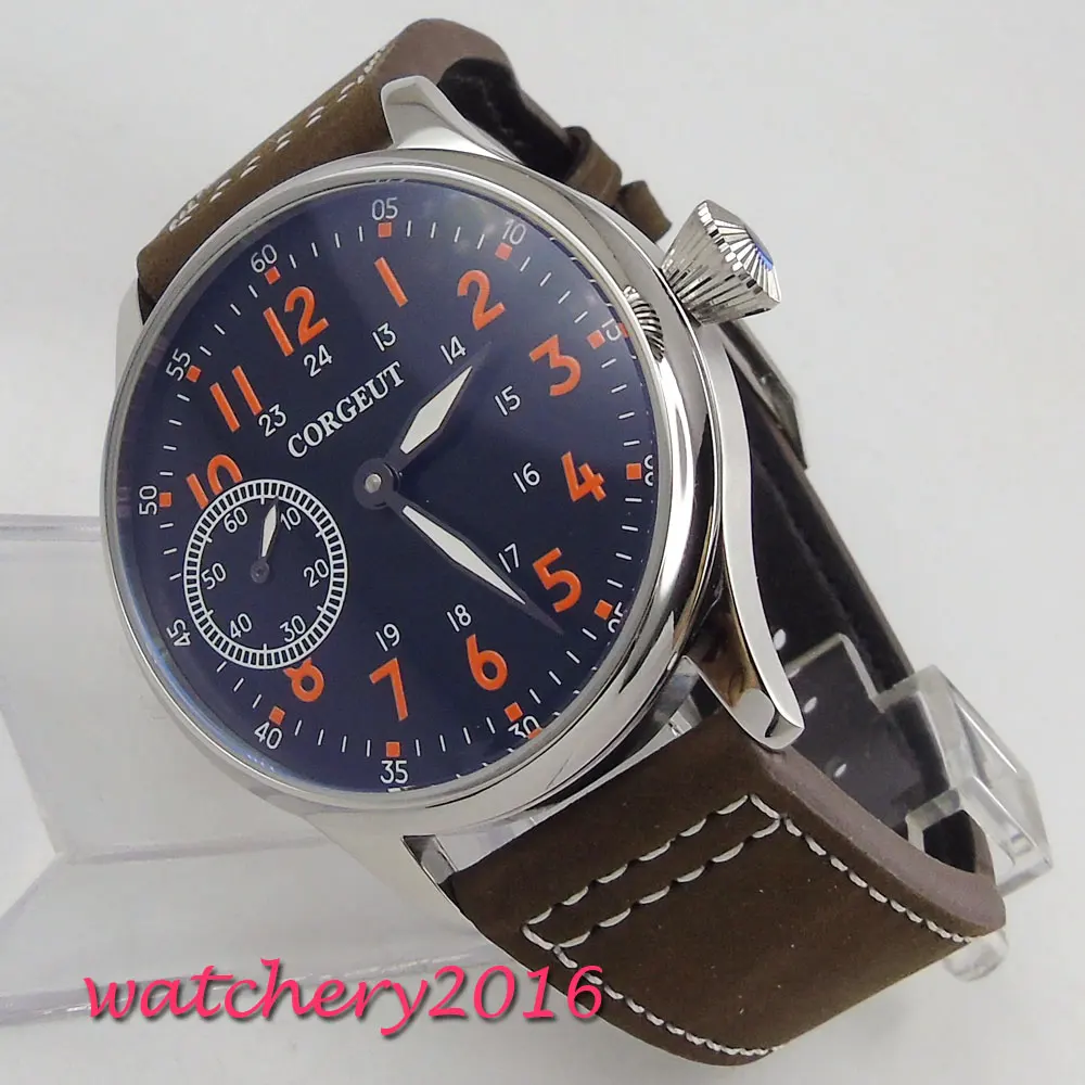 

44mm Corgeut Black Dial Orange marks Stainless steel Case Leather strap 17 Jewels 6497 Hand Winding movement men's Watch