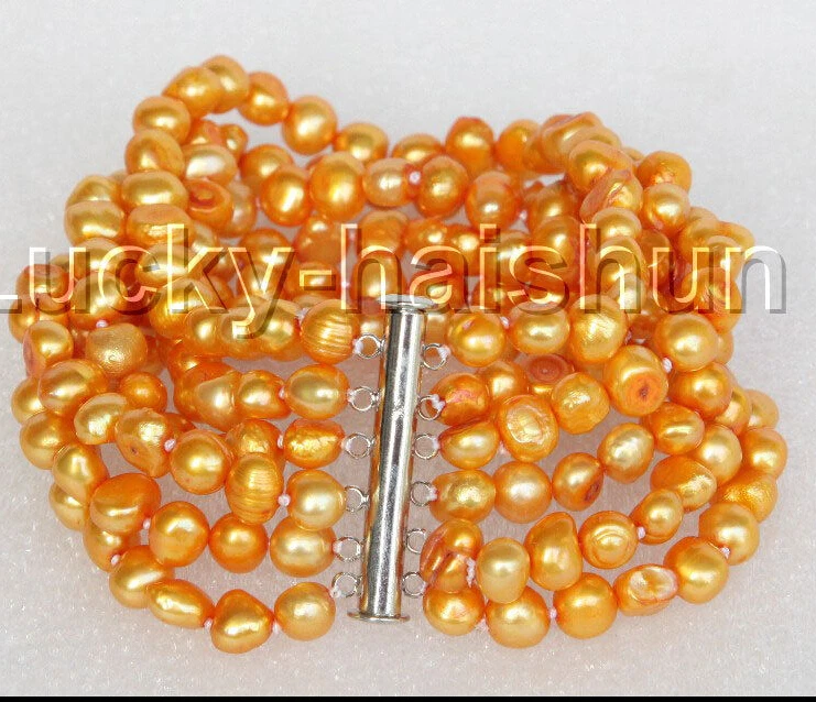 

8" 8mm 6row Baroque dark yellow pearls bracelet magnet clasp j11122@^Noble style Natural Fine jewe SHIPPING 5.25