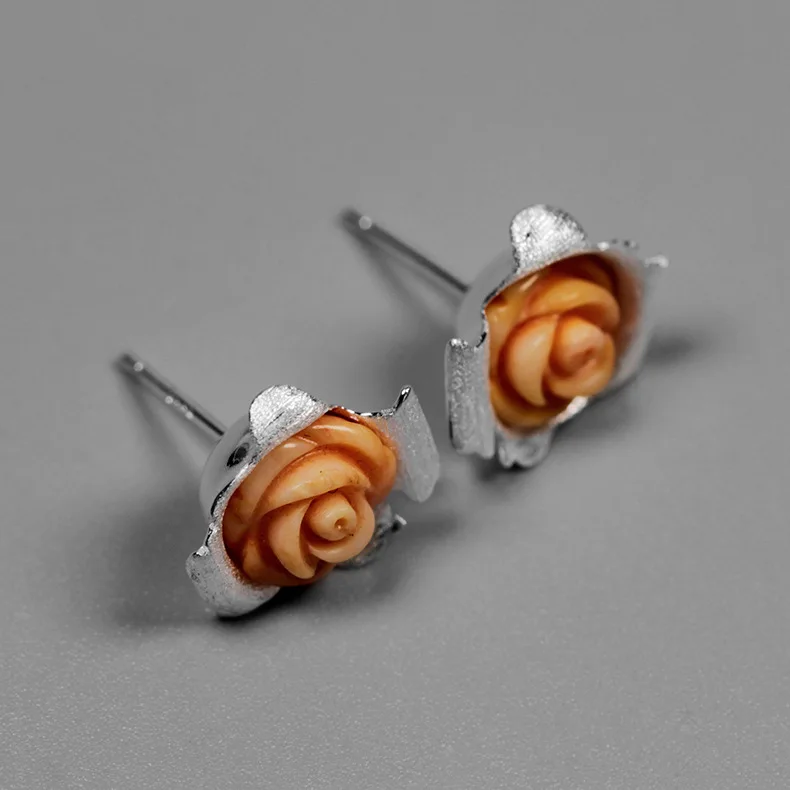 

CMAJOR Designer 925 Sterling Silver Carved Coral Rose Stud Earrings Women Girls Original Fine Jewelry Wholesale
