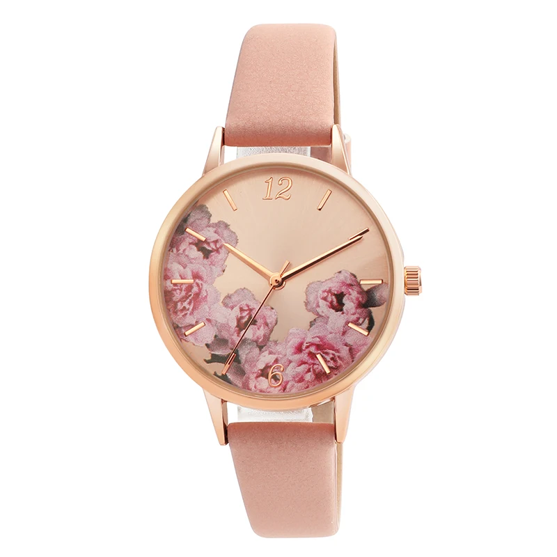 Повседневные женские часы из искусственной кожи, круглый чехол с цветочным узором, кварцевые наручные часы relogio feminino zegarek damski - Цвет: Розовый